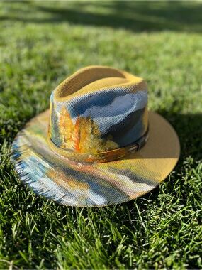 Unisex Hand-Painted Fall Aspen Trees, Mountain, Yellow Fedora Hat 🍂